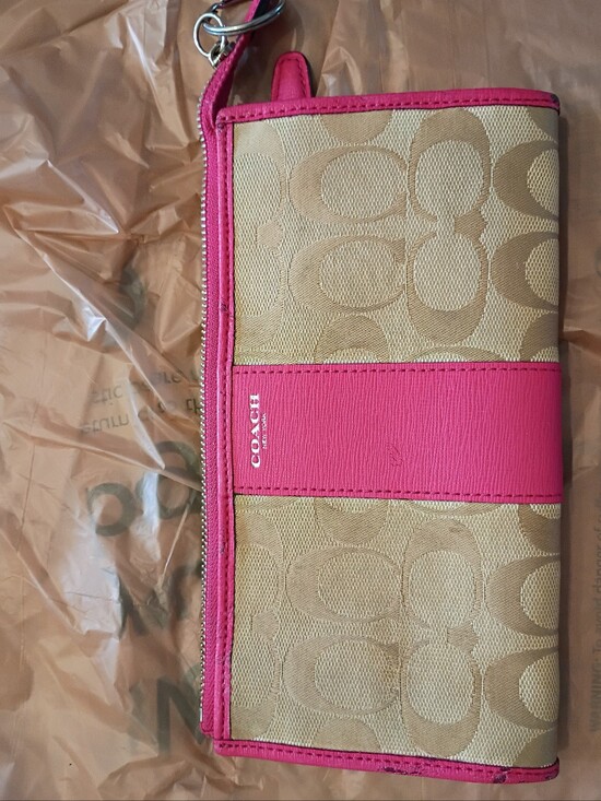 Coach Handbags - Coach Signature Tan Canvas Wristlet/Zip Wallet W Bright Pink Trim